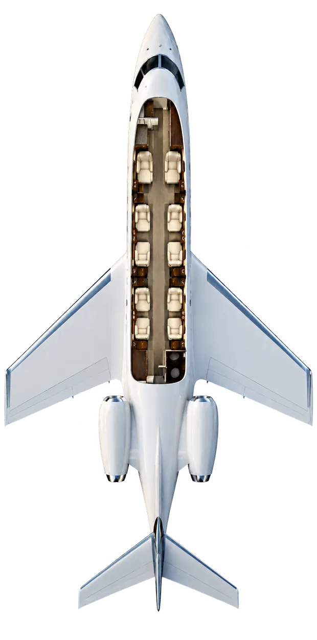Top-down cutaway of a generic business jet showing its cabin layout