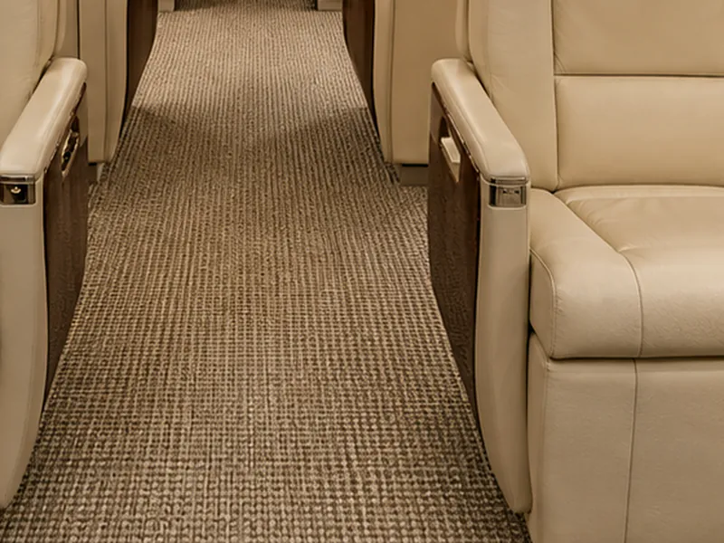 Detail of the carpeted aisle and seat pedestals in a business jet cabin