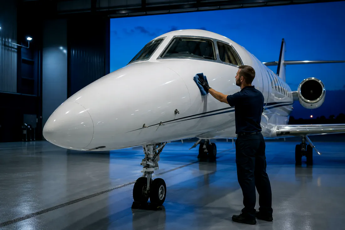 Technician hand-finishing the forward fuselage of a business jet in a hangar