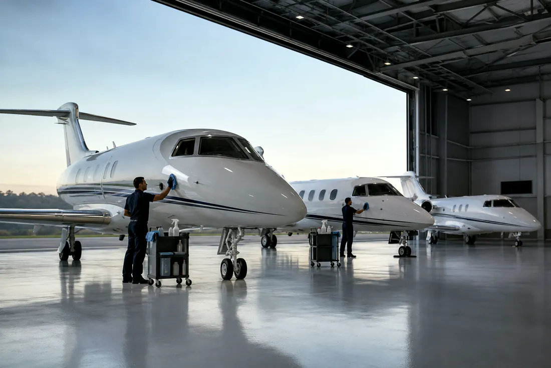 Three business jets receiving coordinated recurring appearance care
