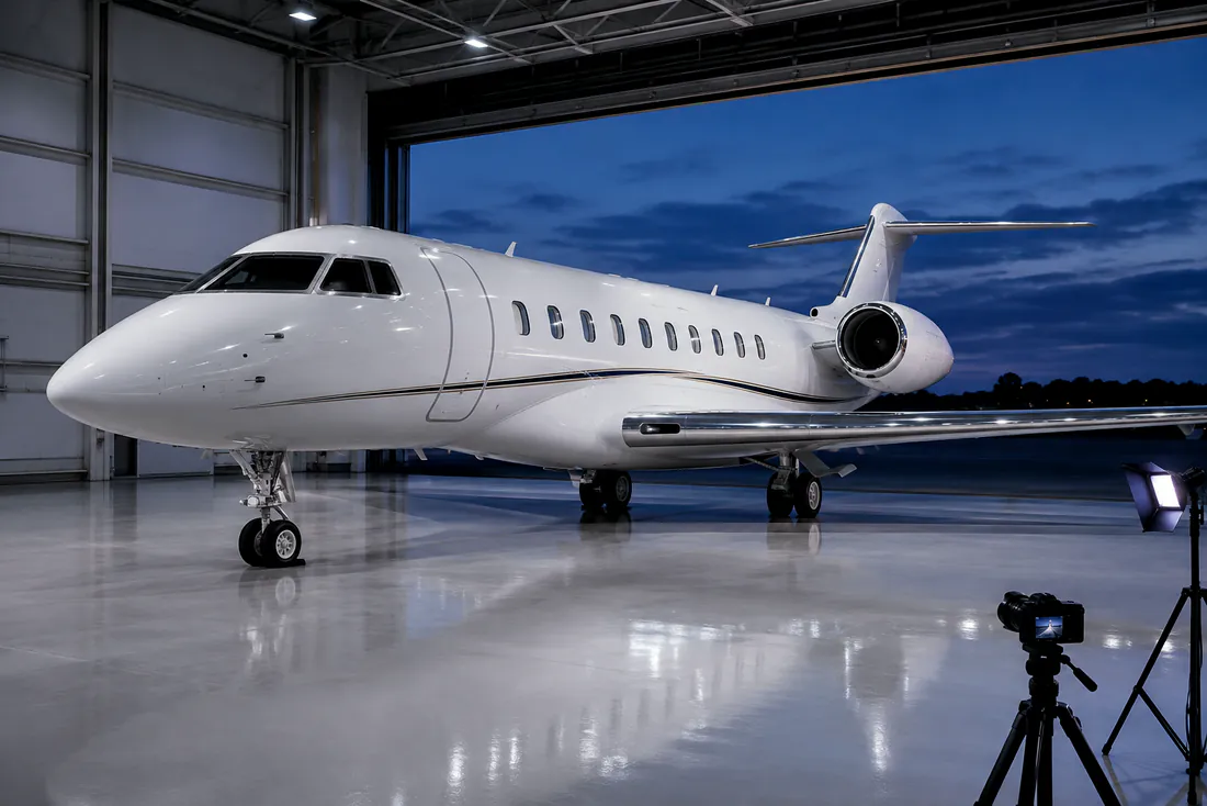 Pristine business jet staged for pre-sale listing photography