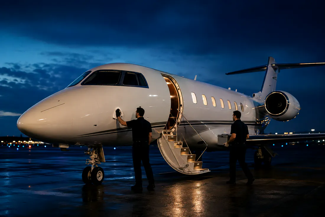 Detailing team completing a rapid aircraft turnaround at dusk
