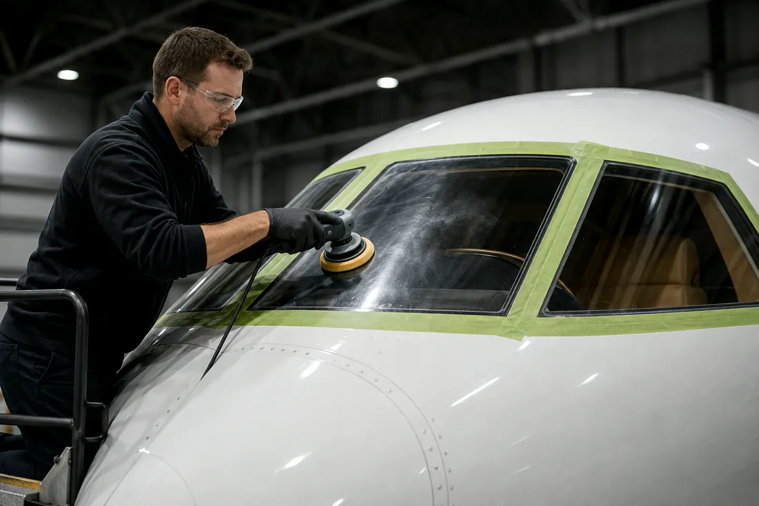 Technician restoring clarity to an acrylic business-jet cockpit windshield